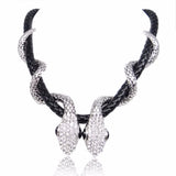 Tuliper Dual Snake Winding Animal Necklace Choker PU Leather Austrian Crystal Rhinestone Necklace