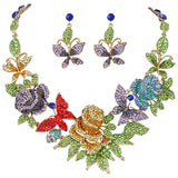 Tuliper Enamel Rose Flower Butterfly Animal Necklace Earrings Austrian Crystal Jewelry Set