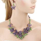 Tuliper Enamel Rose Flower Butterfly Animal Necklace Earrings Austrian Crystal Jewelry Set