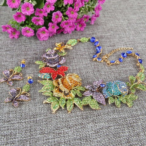 Tuliper Enamel Rose Flower Butterfly Animal Necklace Earrings Austrian Crystal Jewelry Set