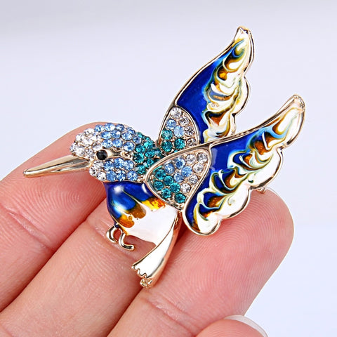 Tuliper Enamel Singing Bird Humming Bird Rhinestone Brooch