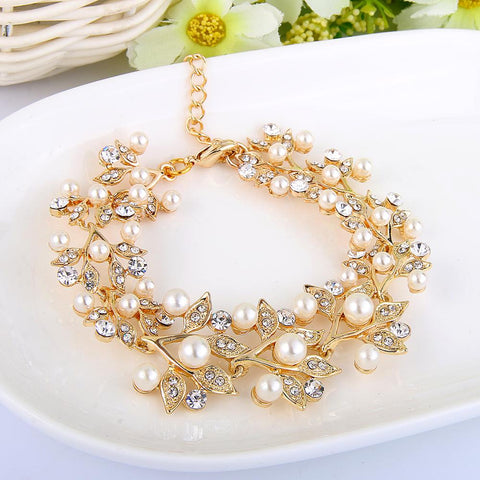 Tuliper Flower Leaf Bridal Bracelet Alloy Pearl Tennis Bracelet