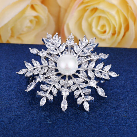 Tuliper Flower Leaf Bridal Brooch Pin Pendant Copper Zircon Pearl Brooches