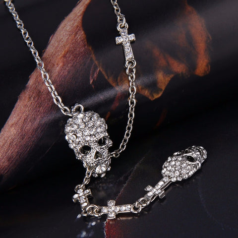 Tuliper Halloween Cross Skull Bone Skeleton Pendant Austrian Crystal Rhinestone Necklace