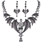 Tuliper Halloween Skull Skeleton Bat Jewelry Austrian Crystal Necklace Earrings Set