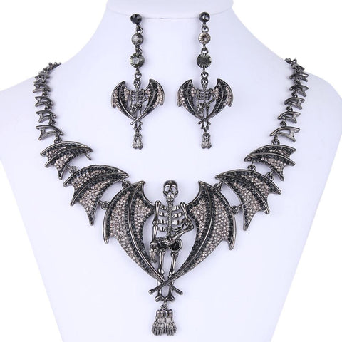 Tuliper Halloween Skull Skeleton Bat Jewelry Austrian Crystal Necklace Earrings Set