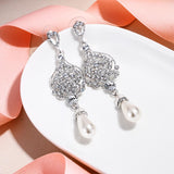 Tuliper Heart Teardrop Bridal Earrings Austrian Crystal Simulated Pearl Dangle Earrings