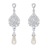 Tuliper Heart Teardrop Bridal Earrings Austrian Crystal Simulated Pearl Dangle Earrings