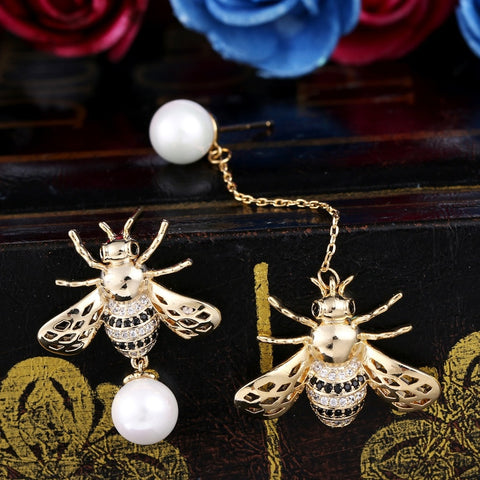 Tuliper Honey Bee Animal Earrings Austrian Crystal Rhinestone Pearl Dangle Earrings