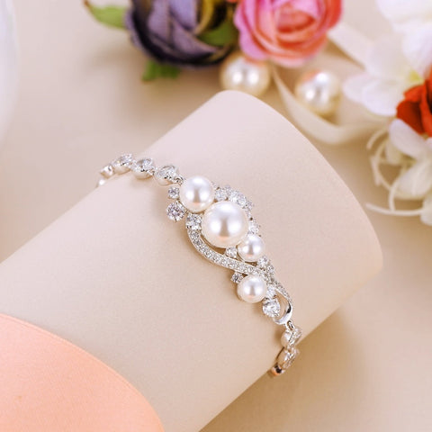 Tuliper Infinity Pearl Bridal Wedding Bracelet Cubic Zircon Bracelet