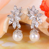 Tuliper Leaf Pearl Bridal Earrings Cubic Zircon Wedding Earrings