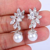 Tuliper Leaf Pearl Bridal Earrings Cubic Zircon Wedding Earrings