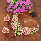 Tuliper Leaf Rose Flower Necklace Earrings Set