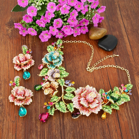 Tuliper Leaf Rose Flower Necklace Earrings Set