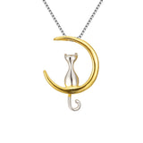 Tuliper Lovely Cat Sitting on Crescent Moon Pendant Necklace