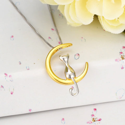 Tuliper Lovely Cat Sitting on Crescent Moon Pendant Necklace