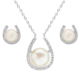 Tuliper Lucky Horse Shoe Pearl Bridal Necklace Earrings Set