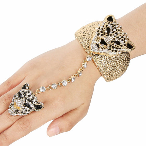 Tuliper Luxury Panther Leopard Animal Bracelet Ring Set Austrian Crystal Bangle Set