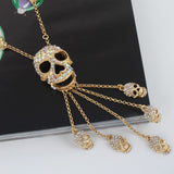 Tuliper Multi Skeleton Skull Tassel Pendant Necklace Austrian Crystal Rhinestone Long Chain Necklace