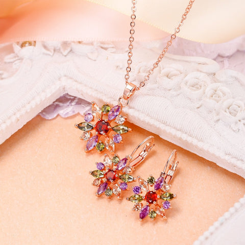 Tuliper Multi-color Flower Bridal Necklace Earrings Set Cubic Zircon