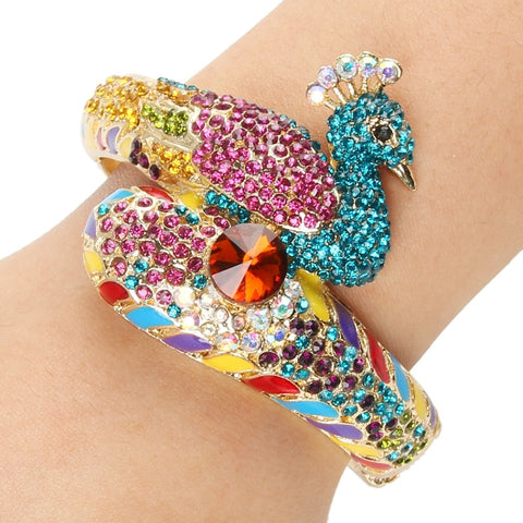 Tuliper Peacock Peafowl Animal Bracelet Bangle Austrian Crystal Enamel Bracelet