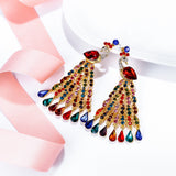 Tuliper Peacock Peafowl Tassel Animal Earrings Austrian Crystal Dangle Earrings