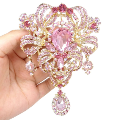 Tuliper Pink Bridal Golden Plated Flower Rhinestone Austrian Crystal Hollow Charm Brooches