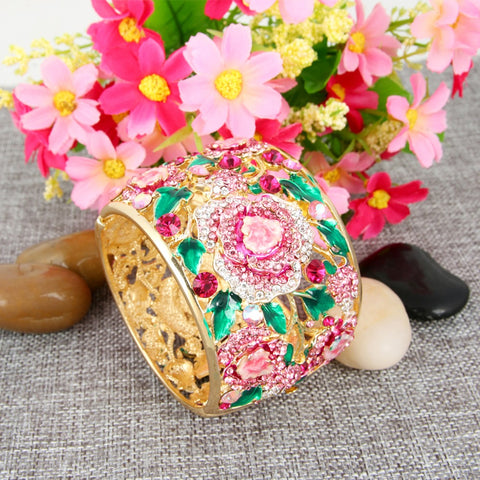 Tuliper Pink Enamel Flower Rose Bangle Austrian Crystal Rhinestone Bracelets & Bangles