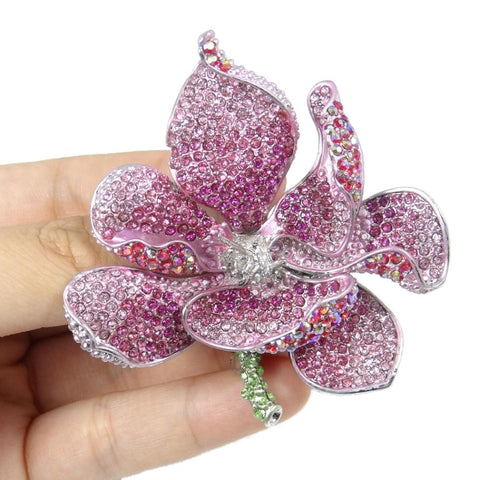 Tuliper Pink Orchid Flower Bloom Brooch Pin Austrian Crystal Rhinestone Brooch