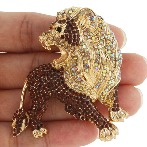 Tuliper Powerful Lion Wildlife Austrian Crystal Rhinestone Brooches