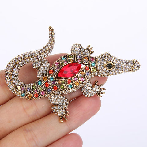 Tuliper Retro Crocodile Alligator Animal Brooch Pin Austrian Crystal Brooches