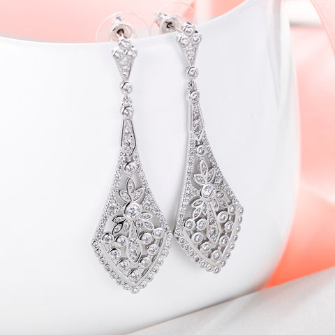 Tuliper Rhombus Leaf Art Deco Austrian Crystal Rhinestone Dangle Wedding Earrings