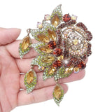 Tuliper Rose Flower Leaf Pendant Charm Austrian Crystal Rhinestone Bouquet  Brooch