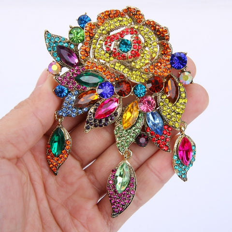 Tuliper Rose Flower Leaf Pendant Charm Austrian Crystal Rhinestone Bouquet  Brooch