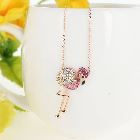 Tuliper Rose Gold Tone Bling Pink Flamingo Pendant Austrian Crystal Rhinestone Animal Necklace