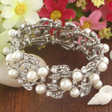 Tuliper Silver Plated Simulated Pearl Bridal Bangle Clear Austrian Crystal Bracelet