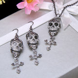 Tuliper Skull Bone Skeleton Pendant Necklace Earrings Austrian Crystal Jewelry Set