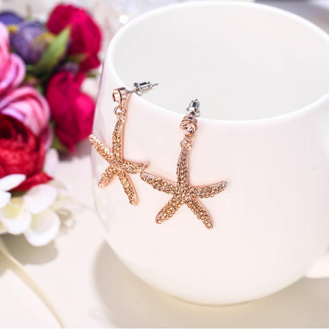 Tuliper Starfish Sea Star Austrian Crystal Rhinestone Dangle Earrings