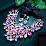 Tuliper Teardrop Costume Statement Necklace Earrings Austrian Crystal Rhinestone Fabric Jewelry Set