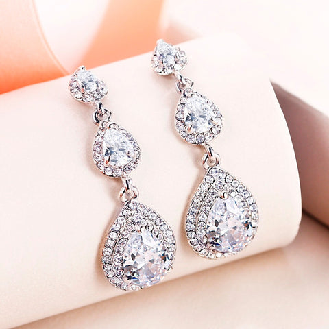 Tuliper Teardrop Cubic Zircon Bridal Earrings Austrian Crystal Dangle Earrings