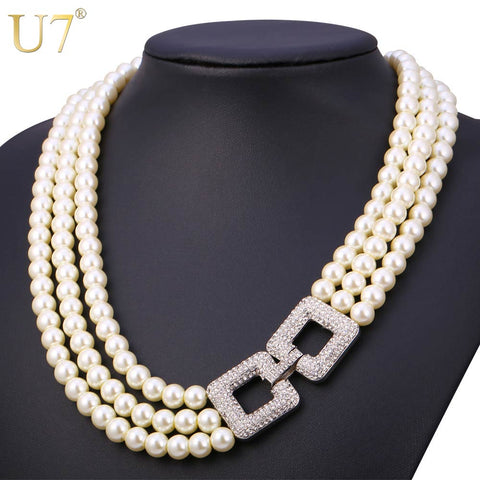 U7 White Pearl Necklace Multi Layers Luxury Simulated Pearl Wedding Jewelry