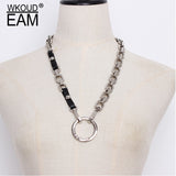 WKOUD EAM Temperament Metal Chain Split Joint Spliced PU Leather Cool Personality Necklaces LD029