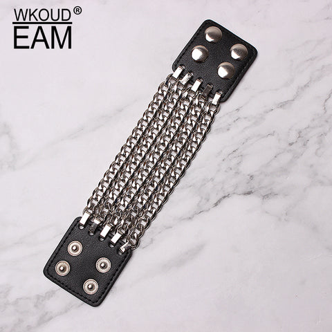 WKOUD EAMSpring Summer Temperament Black Chain Rivet Split Joint Pu Leather Bracelet