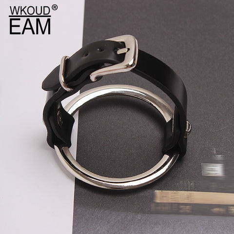 WKOUD EAM Temperament Metal Pu Leather Split Joint Cool Buckle Bracelet