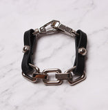 WKOUD EAM Temperament Black Leather Stitching Metal Chain Punk Bracelet