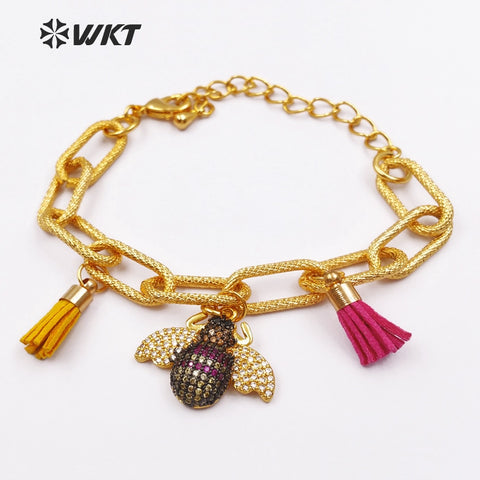 WKT WT-B392 Cool Electroplated Bracelets with Mini Cute Micro Pave Ladybug Tassel Charms