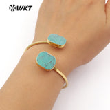 WT-B097 Gold Electroplated Adjustable Green Howllite Natural Green Stone Adjustable Bangle