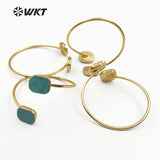 WT-B097 Gold Electroplated Adjustable Green Howllite Natural Green Stone Adjustable Bangle