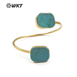 WT-B097 Gold Electroplated Adjustable Green Howllite Natural Green Stone Adjustable Bangle