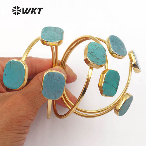 WT-B097 Gold Electroplated Adjustable Green Howllite Natural Green Stone Adjustable Bangle